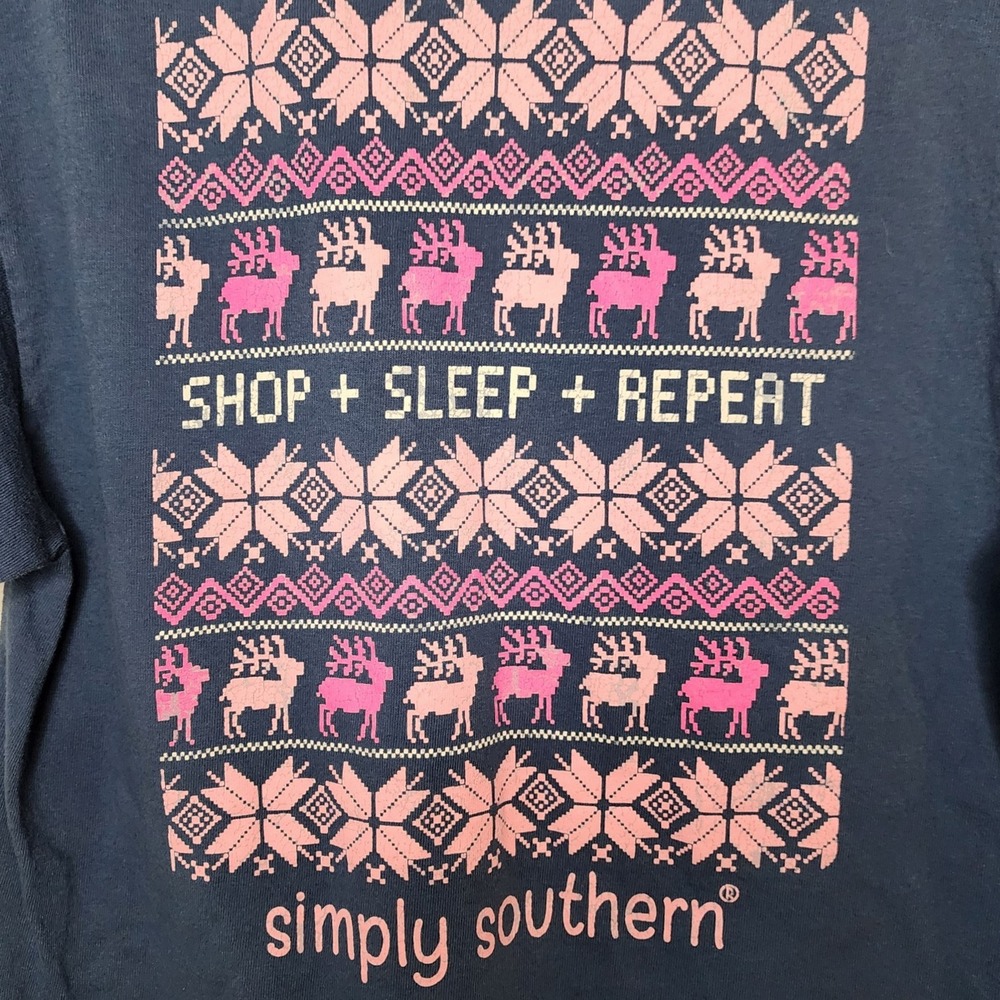 Simply Southern Navy Blue Pink Reindeer Shop Sleep Repeat T-Shirt Medium
